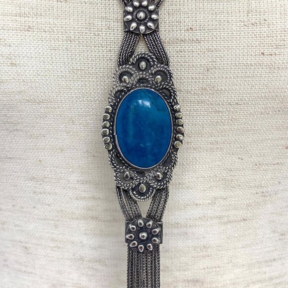 VTG Silver 950 FUAT Blue Quartz Turkish Triple Foxtail Chain Tassel Necklace 49g - Picture 11 of 16